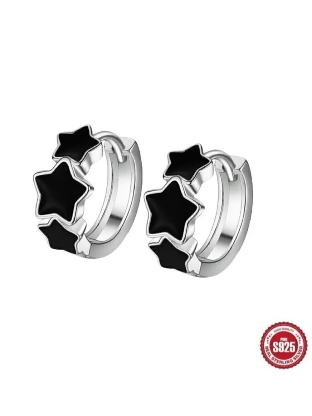 NWT Stars Hoop Huggie Earrings S925 Sterling Silver Triple Black Minimalist